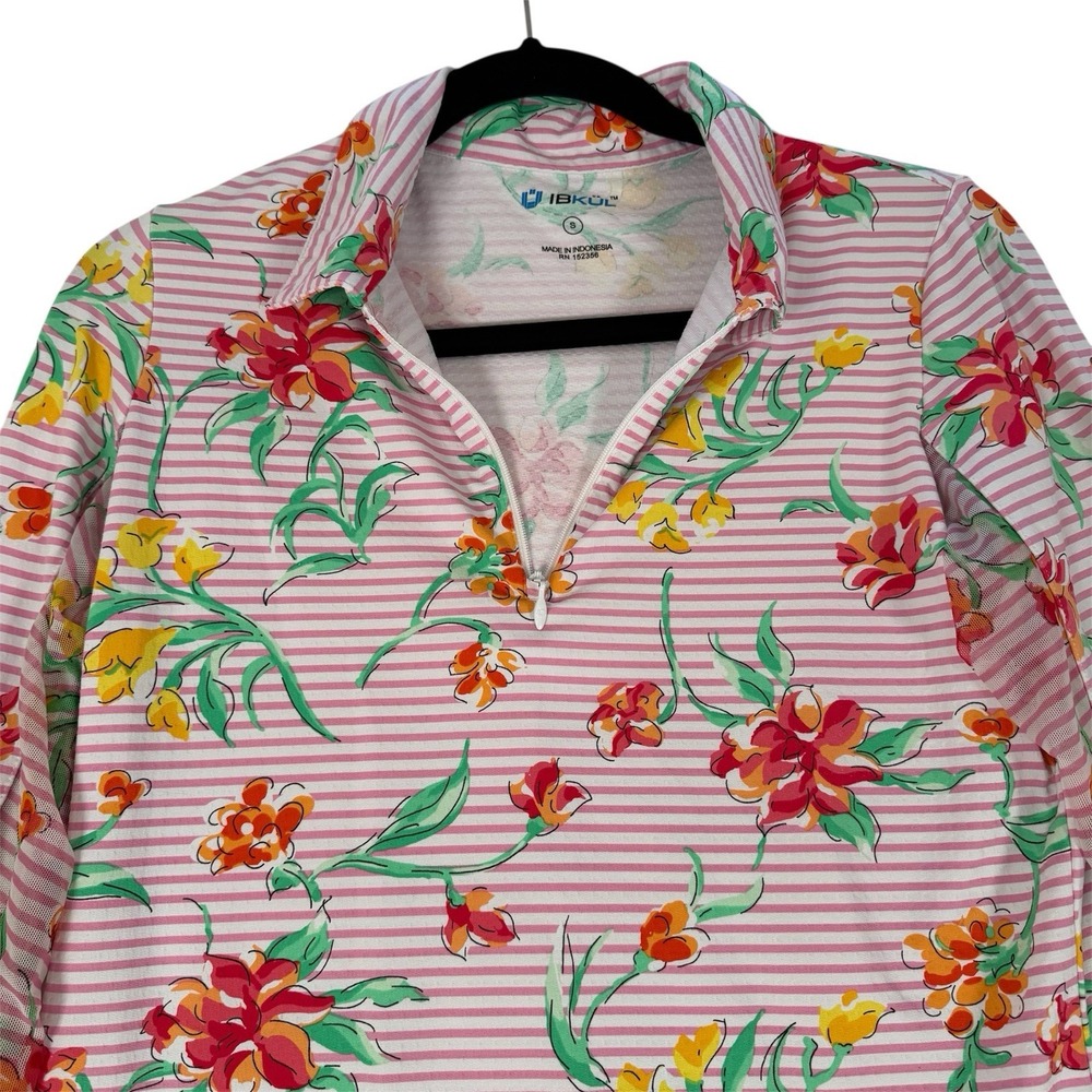 IBKUL Shirt Womens Small Floral Stripes Print‎ Long Sleeve Zip Mock Neck Top UPF